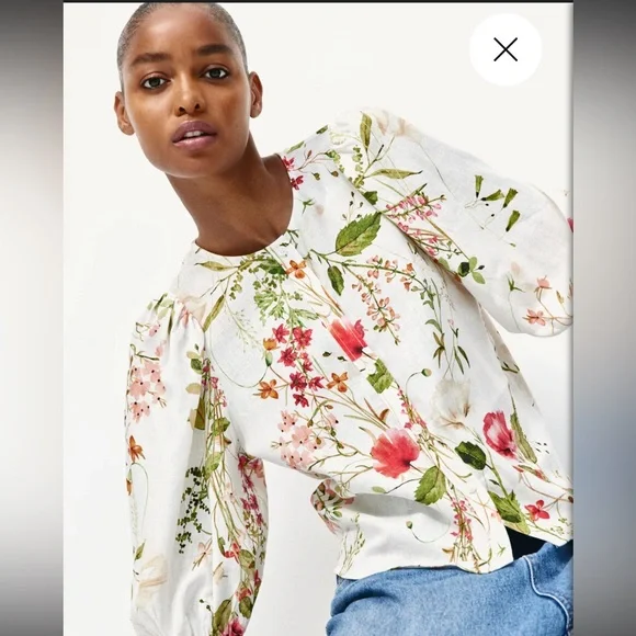 H&M women’s linen blend white floral button down blouse sz XS preloved - Picture 2 of 11